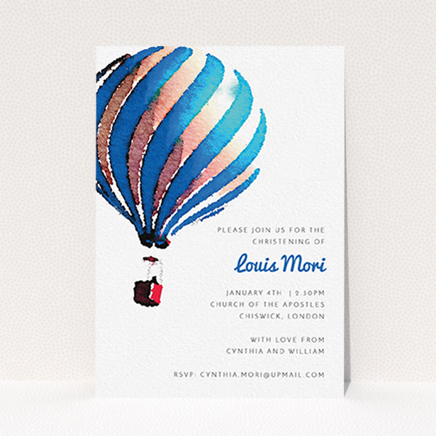 A christening invite named "Up-and-away blue". It is an A6 invite in a portrait orientation. "Up-and-away blue" is available as a flat invite, with tones of blue and white.