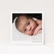 A christening invite design titled "Welcome". It is a square (148mm x 148mm) invite in a square orientation. It is a photographic christening invite with room for 1 photo. "Welcome" is available as a flat invite, with mainly white colouring.