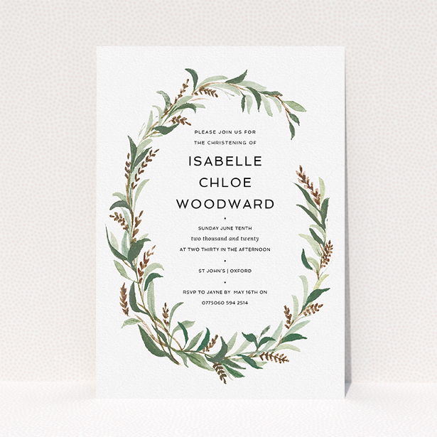 A christening invite design called "Winter Floral". It is an A5 invite in a portrait orientation. "Winter Floral" is available as a flat invite, with tones of faded green, light brown and light green.