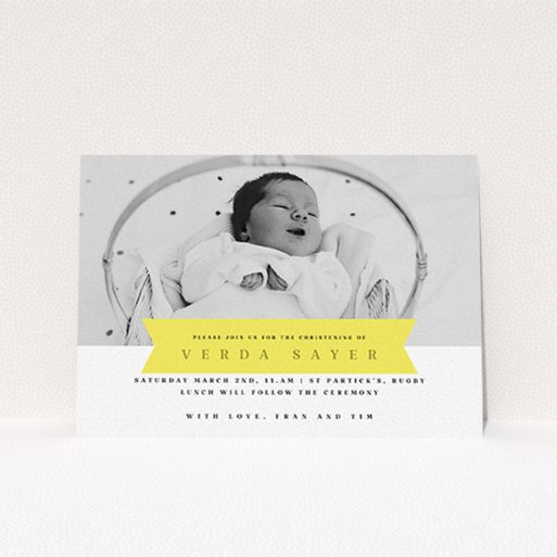 Christening Invite Design - "Yellow Banner" A christening invite design titled "Yellow Banner". It is an A6 invite in a landscape orientation. It is a photographic christening invite with room for 1 photo. "Yellow Banner" is available as a flat invite, with tones of yellow and white.