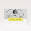 A christening invite design titled "Yellow Banner". It is an A6 invite in a landscape orientation. It is a photographic christening invite with room for 1 photo. "Yellow Banner" is available as a flat invite, with tones of yellow and white.