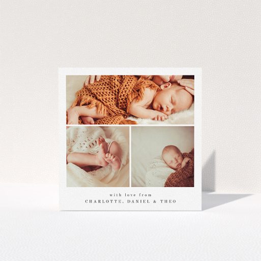 Christening Thank You Card Design - "3 Frames" A christening thank you card design called "3 Frames". It is a square (148mm x 148mm) card in a square orientation. It is a photographic christening thank you card with room for 3 photos. "3 Frames" is available as a folded card, with mainly white colouring.