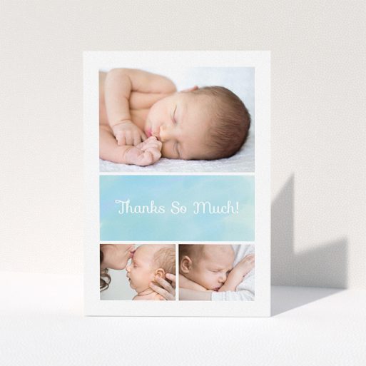 Christening Thank You Card - Block Tower (Baby Boy) A christening thank you card called "Block Tower". It is an A5 card in a portrait orientation. It is a photographic christening thank you card with room for 3 photos. "Block Tower" is available as a folded card, with tones of blue and white.