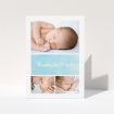 A christening thank you card called "Block Tower". It is an A5 card in a portrait orientation. It is a photographic christening thank you card with room for 3 photos. "Block Tower" is available as a folded card, with tones of blue and white.