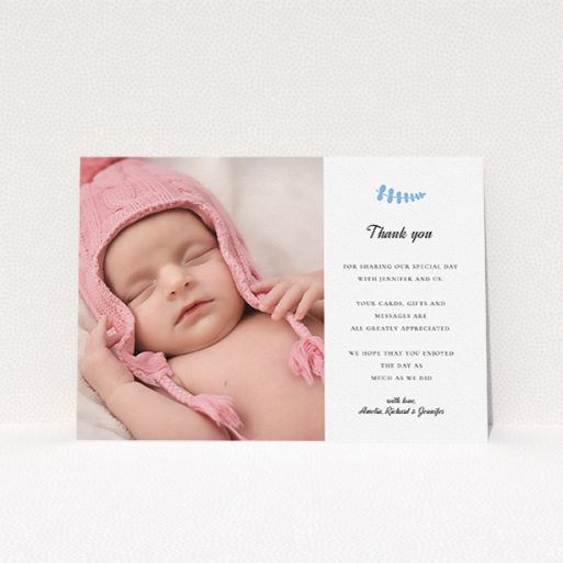 Christening Thank You Card Design - "Blue Fern" A christening thank you card design named "Blue Fern". It is an A5 card in a landscape orientation. It is a photographic christening thank you card with room for 1 photo. "Blue Fern" is available as a flat card, with tones of white and blue.