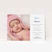 A christening thank you card design named "Blue Fern". It is an A5 card in a landscape orientation. It is a photographic christening thank you card with room for 1 photo. "Blue Fern" is available as a flat card, with tones of white and blue.