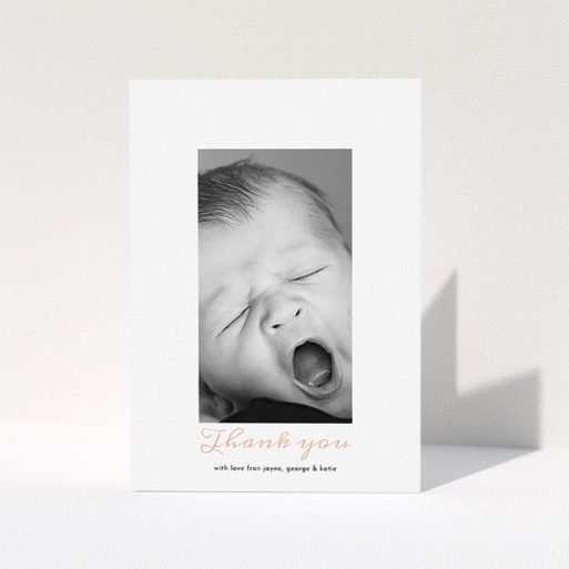 Christening Thank You Card Design - "Central Portrait" A christening thank you card template titled "Central Portrait". It is an A5 card in a portrait orientation. It is a photographic christening thank you card with room for 1 photo. "Central Portrait" is available as a folded card, with tones of white and pink.