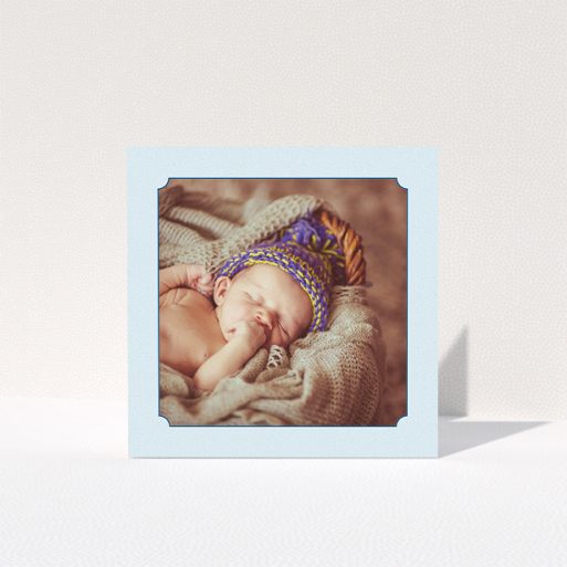 Christening Thank You Card - Classic Frame (Baby Boy) A christening thank you card design called "Classic Frame". It is a square (148mm x 148mm) card in a square orientation. It is a photographic christening thank you card with room for 1 photo. "Classic Frame" is available as a folded card, with mainly blue colouring.