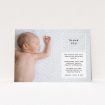A christening thank you card called "Modern Side Frame". It is an A5 card in a landscape orientation. It is a photographic christening thank you card with room for 1 photo. "Modern Side Frame" is available as a flat card, with mainly black colouring.