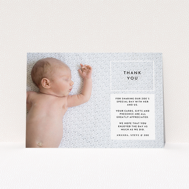 A christening thank you card called "Modern Side Frame". It is an A5 card in a landscape orientation. It is a photographic christening thank you card with room for 1 photo. "Modern Side Frame" is available as a flat card, with mainly black colouring.