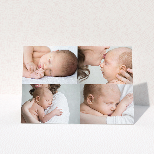 A christening thank you card named "No Border Frames". It is an A5 card in a landscape orientation. It is a photographic christening thank you card with room for 3 photos. "No Border Frames" is available as a folded card, with mainly white colouring.