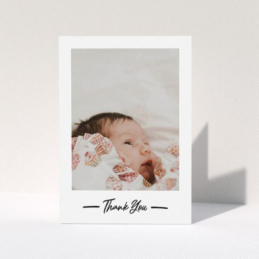 Christening Thank You Card Design - "Portrait Thank You Photo" A christening thank you card design named "Portrait Thank You Photo". It is an A5 card in a portrait orientation. It is a photographic christening thank you card with room for 1 photo. "Portrait Thank You Photo" is available as a folded card, with mainly white colouring.
