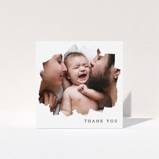 Christening Thank You Card Design - "Scratched Banner" A christening thank you card named "Scratched Banner". It is a square (148mm x 148mm) card in a square orientation. It is a photographic christening thank you card with room for 1 photo. "Scratched Banner" is available as a folded card, with mainly white colouring.