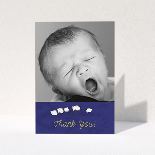 Christening Thank You Card Design - "Sleepy Time" A christening thank you card design titled "Sleepy Time". It is an A6 card in a portrait orientation. It is a photographic christening thank you card with room for 1 photo. "Sleepy Time" is available as a folded card, with tones of blue and white.