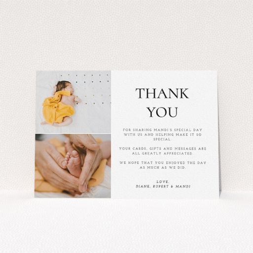 Christening Thank You Card Design - "Stacked Frames in Thirds" A christening thank you card design titled "Stacked Frames in Thirds". It is an A5 card in a landscape orientation. It is a photographic christening thank you card with room for 2 photos. "Stacked Frames in Thirds" is available as a flat card, with mainly white colouring.