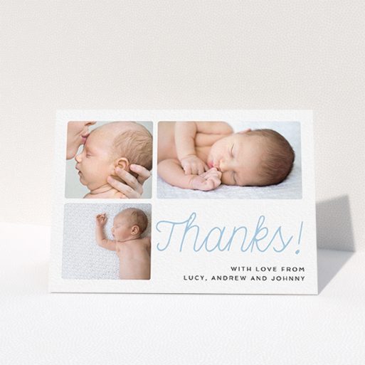 Christening Thank You Card - Thank You Cursive (Baby Boy) A christening thank you card named "Thank You Cursive". It is an A6 card in a landscape orientation. It is a photographic christening thank you card with room for 3 photos. "Thank You Cursive" is available as a folded card, with tones of white and blue.