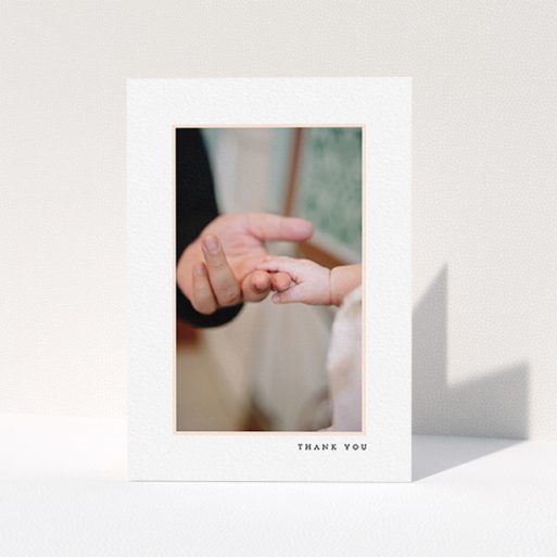 Christening Thank You Card Design - "Thin Pink Frame" A christening thank you card template titled "Thin Pink Frame". It is an A6 card in a portrait orientation. It is a photographic christening thank you card with room for 1 photo. "Thin Pink Frame" is available as a folded card, with tones of white and pink.