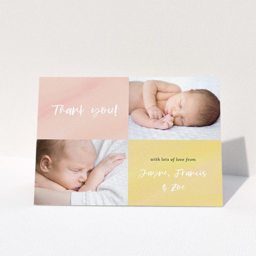 Christening Thank You Card - Watercolour Corners (Baby Girl) A christening thank you card design called "Watercolour Corners". It is an A6 card in a landscape orientation. It is a photographic christening thank you card with room for 2 photos. "Watercolour Corners" is available as a folded card, with tones of yellow and purple.