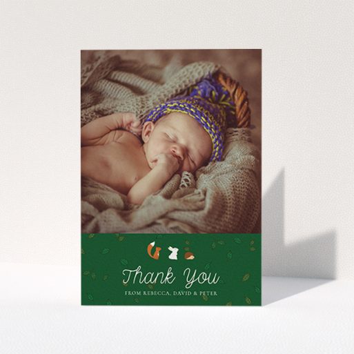 Christening Thank You Card Design - "Woodland Chums" A christening thank you card design named "Woodland Chums". It is an A6 card in a portrait orientation. It is a photographic christening thank you card with room for 1 photo. "Woodland Chums" is available as a folded card, with tones of green and white.