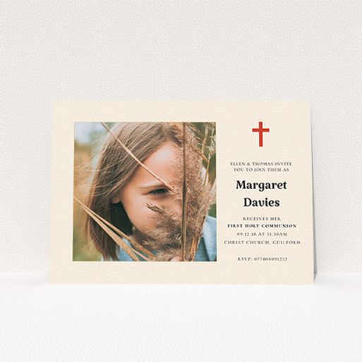 Communion Invitation Design - "Red Cross" A communion invitation template titled "Red Cross". It is an A6 invite in a landscape orientation. It is a photographic communion invitation with room for 1 photo. "Red Cross" is available as a flat invite, with tones of red and cream.