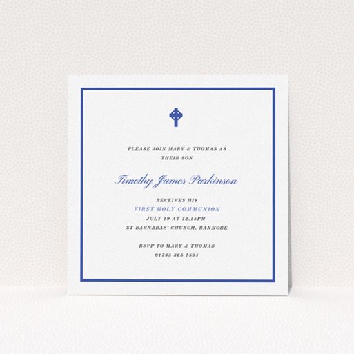 Communion Invitation Design - "Royal Blue Cross" A communion invitation template titled "Royal Blue Cross". It is a square (148mm x 148mm) invite in a square orientation. "Royal Blue Cross" is available as a flat invite, with tones of blue and white.
