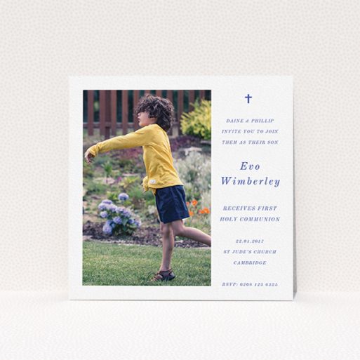 Communion Invitation Design - "Simple Cross" A communion invitation design called "Simple Cross". It is a square (148mm x 148mm) invite in a square orientation. It is a photographic communion invitation with room for 1 photo. "Simple Cross" is available as a flat invite, with tones of white and blue.