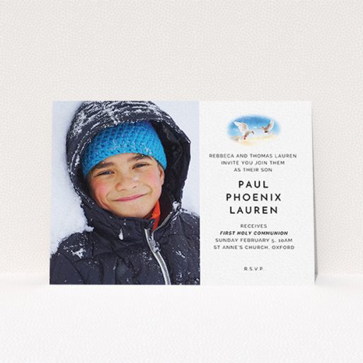 Communion Invitation Design - "Watercolour Doves" A communion invitation design called "Watercolour Doves". It is an A6 invite in a landscape orientation. It is a photographic communion invitation with room for 1 photo. "Watercolour Doves" is available as a flat invite, with tones of white and blue.