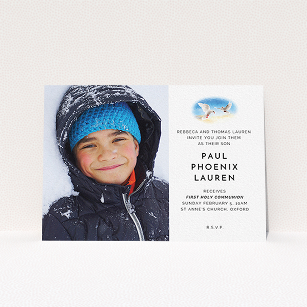 A communion invitation design called "Watercolour Doves". It is an A6 invite in a landscape orientation. It is a photographic communion invitation with room for 1 photo. "Watercolour Doves" is available as a flat invite, with tones of white and blue.