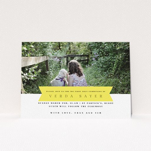 Communion Invitation Design - "Yellow Banner" A communion invitation named "Yellow Banner". It is an A6 invite in a landscape orientation. It is a photographic communion invitation with room for 1 photo. "Yellow Banner" is available as a flat invite, with tones of yellow and white.