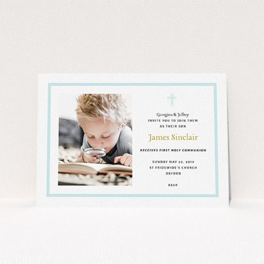 Communion Invite Card Design - "Baby Blue Cross" A communion invite card called "Baby Blue Cross". It is an A6 invite in a landscape orientation. It is a photographic communion invite card with room for 1 photo. "Baby Blue Cross" is available as a flat invite, with tones of blue and white.