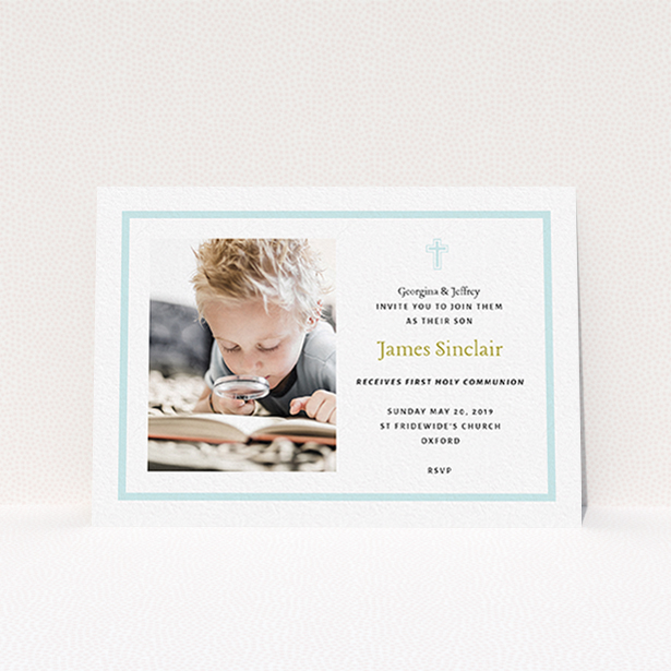 A communion invite card called "Baby Blue Cross". It is an A6 invite in a landscape orientation. It is a photographic communion invite card with room for 1 photo. "Baby Blue Cross" is available as a flat invite, with tones of blue and white.