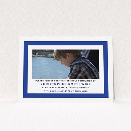 Communion Invite Card Design - "Big Blue" A communion invite card called "Big Blue". It is an A6 invite in a landscape orientation. It is a photographic communion invite card with room for 1 photo. "Big Blue" is available as a flat invite, with tones of blue and white.