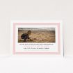 A communion invite card named "Big Pink". It is an A6 invite in a landscape orientation. It is a photographic communion invite card with room for 1 photo. "Big Pink" is available as a flat invite, with tones of pink and white.