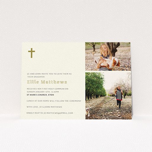 Communion Invite Card Design - "Gold Corner Cross" A communion invite card named "Gold Corner Cross". It is an A6 invite in a landscape orientation. It is a photographic communion invite card with room for 2 photos. "Gold Corner Cross" is available as a flat invite, with tones of cream and gold.