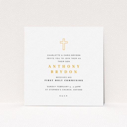 Communion Invite Card Design - "Orange Cross Outline" A communion invite card called "Orange Cross Outline". It is a square (148mm x 148mm) invite in a square orientation. "Orange Cross Outline" is available as a flat invite, with tones of white and orange.