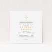 A communion invite card called "Orange Cross Outline". It is a square (148mm x 148mm) invite in a square orientation. "Orange Cross Outline" is available as a flat invite, with tones of white and orange.