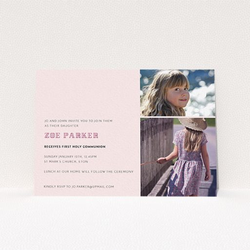 Communion Invite Card Design - "Pink Stacked Frames" A communion invite card design titled "Pink Stacked Frames". It is an A6 invite in a landscape orientation. It is a photographic communion invite card with room for 2 photos. "Pink Stacked Frames" is available as a flat invite, with mainly pink colouring.