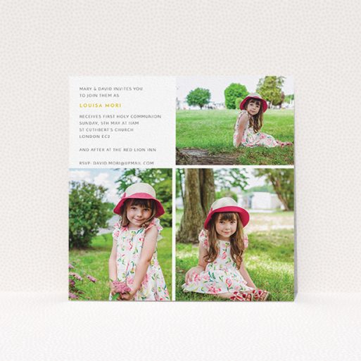 Communion Invite Card Design - "Quarter Frames" A communion invite card named "Quarter Frames". It is a square (148mm x 148mm) invite in a square orientation. It is a photographic communion invite card with room for 3 photos. "Quarter Frames" is available as a flat invite, with mainly white colouring.