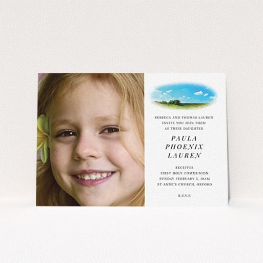 Communion Invite Card Design - "Watercolour Landscape" A communion invite card design named "Watercolour Landscape". It is an A6 invite in a landscape orientation. It is a photographic communion invite card with room for 1 photo. "Watercolour Landscape" is available as a flat invite, with tones of white, blue and green.