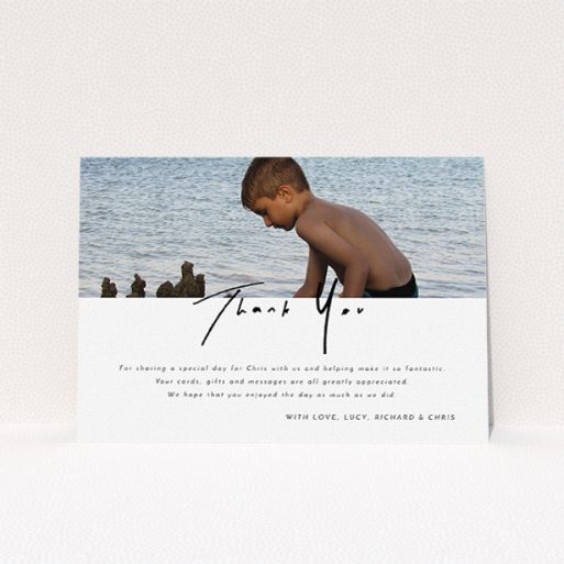 Communion Thank You Card Design - "Half and Half" A communion thank you card design called "Half and Half". It is an A5 card in a landscape orientation. It is a photographic communion thank you card with room for 1 photo. "Half and Half" is available as a flat card, with mainly white colouring.