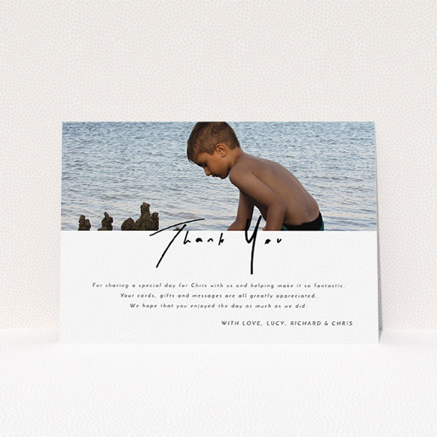 A communion thank you card design called "Half and Half". It is an A5 card in a landscape orientation. It is a photographic communion thank you card with room for 1 photo. "Half and Half" is available as a flat card, with mainly white colouring.