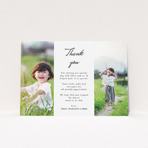 Communion Thank You Card Design - "Landscape Sandwich Frame" A communion thank you card template titled "Landscape Sandwich Frame". It is an A5 card in a landscape orientation. It is a photographic communion thank you card with room for 2 photos. "Landscape Sandwich Frame" is available as a flat card, with mainly white colouring.