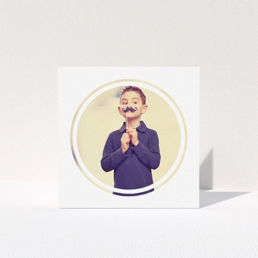 Communion Thank You Card Design - "Modern Circle Frame" A communion thank you card called "Modern Circle Frame". It is a square (148mm x 148mm) card in a square orientation. It is a photographic communion thank you card with room for 1 photo. "Modern Circle Frame" is available as a folded card, with mainly white colouring.