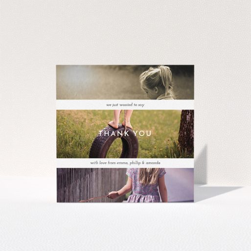 Communion Thank You Card Design - "Stacked Landscapes" A communion thank you card named "Stacked Landscapes". It is a square (148mm x 148mm) card in a square orientation. It is a photographic communion thank you card with room for 3 photos. "Stacked Landscapes" is available as a folded card, with mainly white colouring.