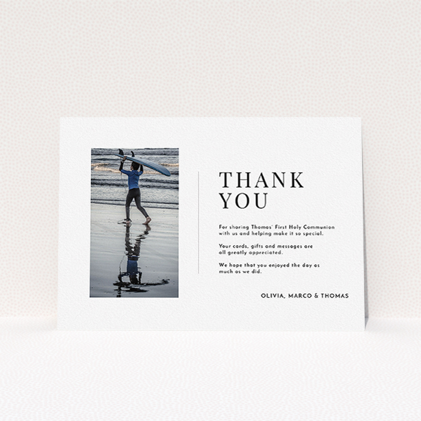 A communion thank you card named "Tiny Portrait". It is an A5 card in a landscape orientation. It is a photographic communion thank you card with room for 1 photo. "Tiny Portrait" is available as a flat card, with mainly white colouring.