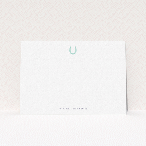 A couples correspondence card design titled "Everyone needs luck". It is an A5 card in a landscape orientation. "Everyone needs luck" is available as a flat card, with tones of white and blue.