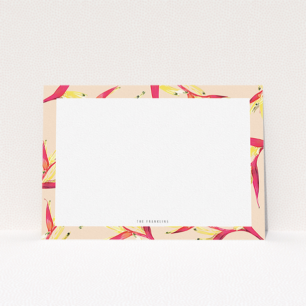 A couples correspondence card called "Falling jungle". It is an A5 card in a landscape orientation. "Falling jungle" is available as a flat card, with tones of dark cream and red.