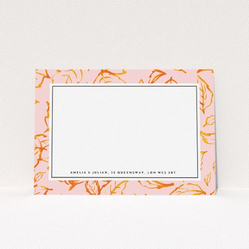 Correspondence Card Design (Couples) - "Foliage" A couples correspondence card named "Foliage". It is an A5 card in a landscape orientation. "Foliage" is available as a flat card, with tones of pink and orange.