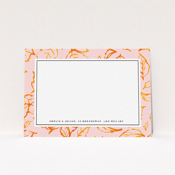 A couples correspondence card named "Foliage". It is an A5 card in a landscape orientation. "Foliage" is available as a flat card, with tones of pink and orange.