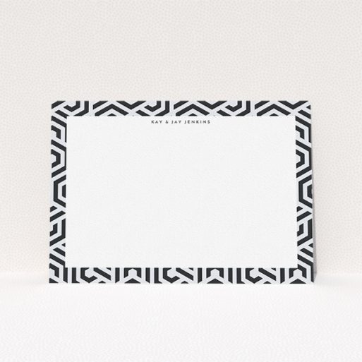 Correspondence Card Design (Couples) - "Geometric move" A couples correspondence card called "Geometric move". It is an A5 card in a landscape orientation. "Geometric move" is available as a flat card, with tones of blue and white.